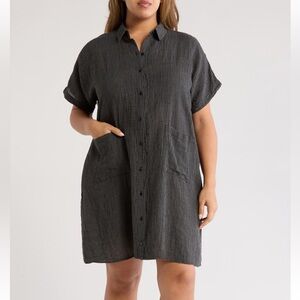 Eileen Fisher NWT OVERSIZED Relaxed fit Check Organic Linen Short Sleeve Dress